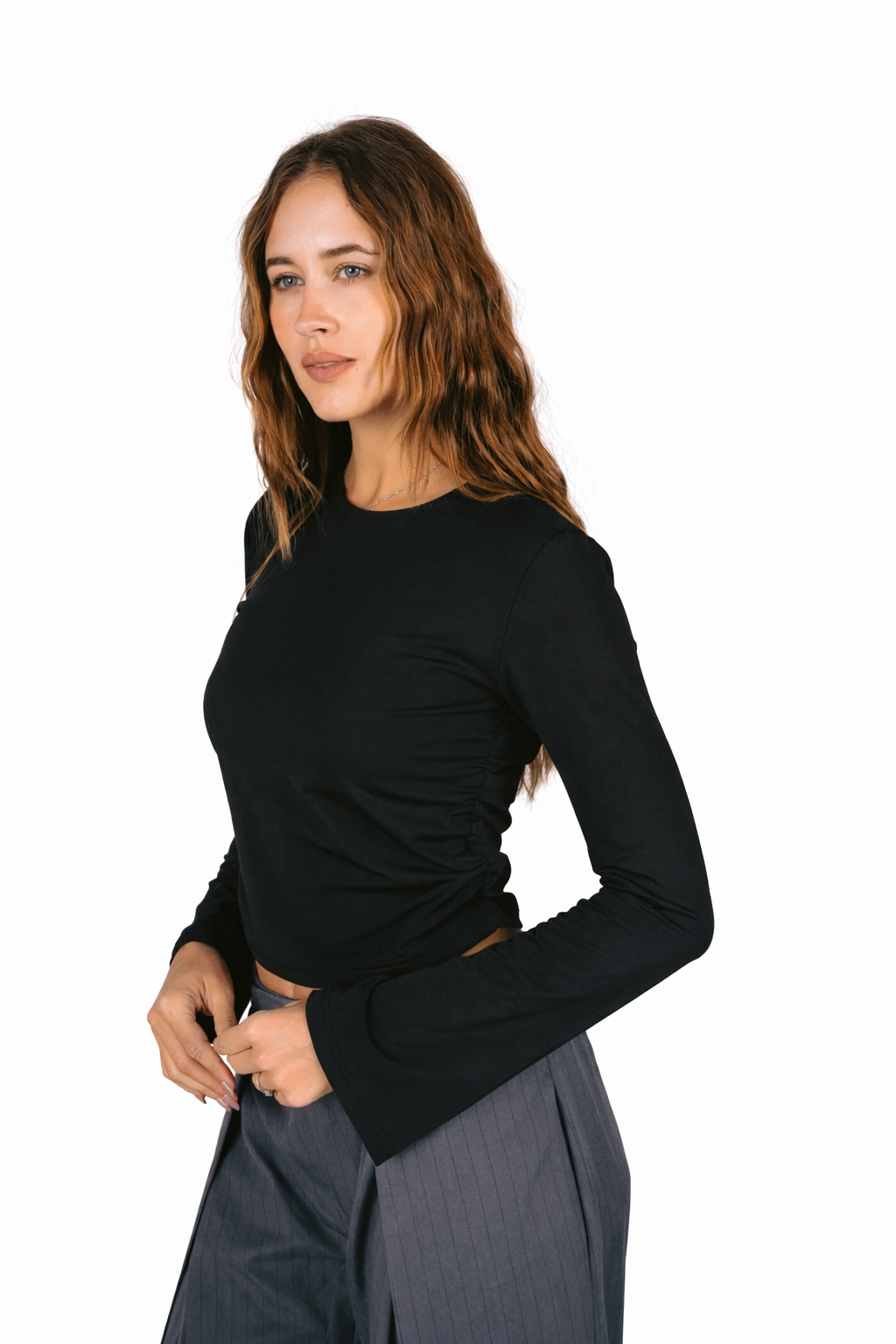 Side-Ruched Flared Sleeve Top